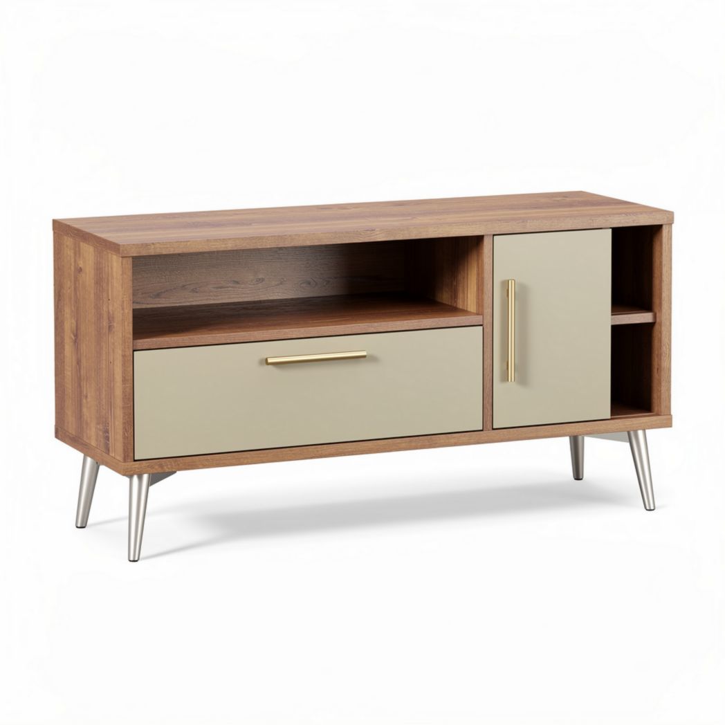 Mobile TV in legno composite per soggiorno con ripiani aperti e cassetto – 120 x 40 x 50 cm